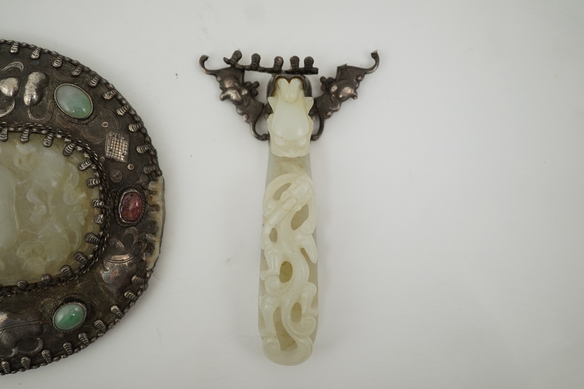 A Chinese jade and cabochon mounted hand mirror, the jade 18th/19th century